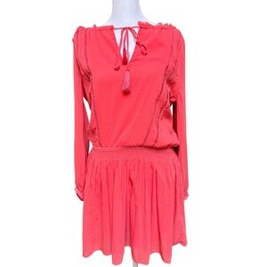 Banana Republic Coral Tassel Tie Dress Women’s Petite Medium Boho Long Sleeve